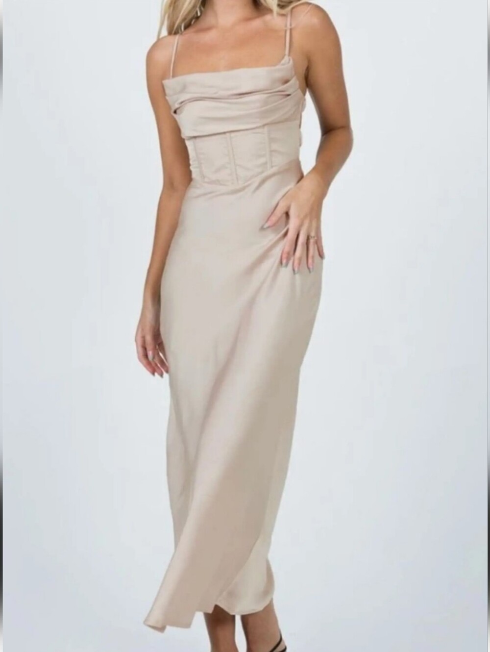 Princess Polly corset Satiny midi/Maxi Dress in a beige color size 4 EUC